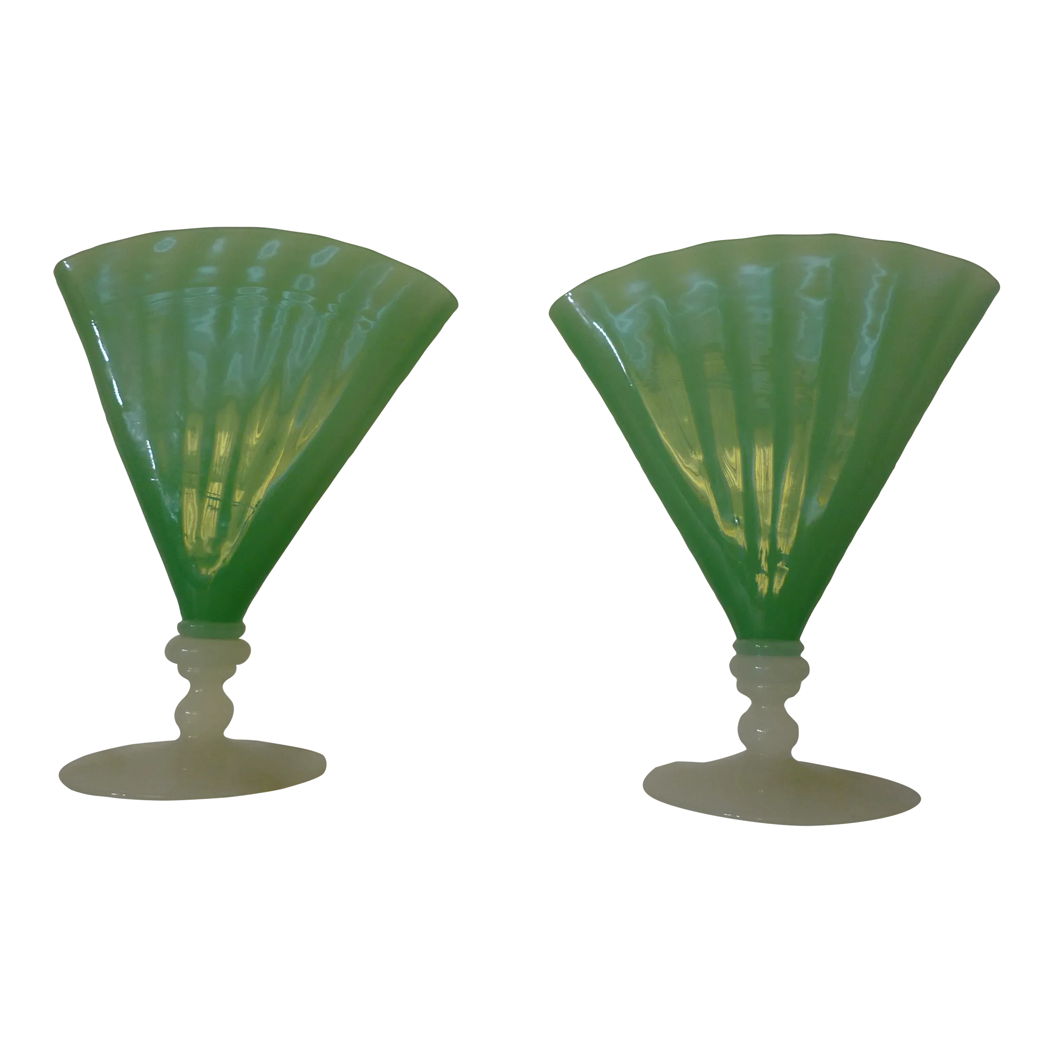 Early 20th Century Carder Steuben Optic Rib Green Jade Over Alabaster Fan  Vases, No. 6287 - a Pair, image size:2160x2160