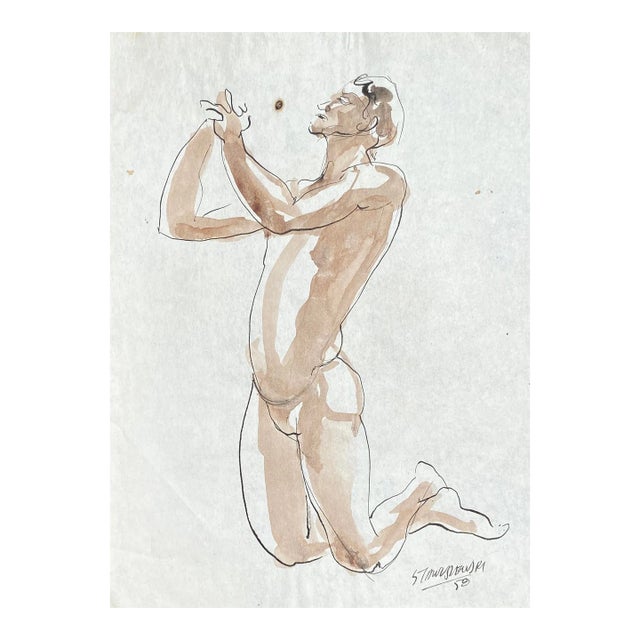 1958 Walter Stawuszewski Begging Małe Nudę Watercolor For Sale