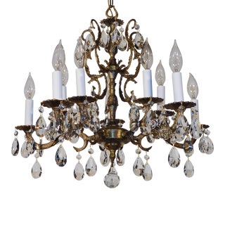 Antique French Brass 5 Arm 10 Lite Baroque Crystal Chandelier ~ Pair Available For Sale