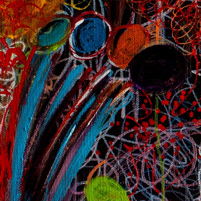 2010s Blue Flowers in a Dreamy Field — Abstract Expressionist Painting, Acrylics and Oil Markers on Cardboard, 24 × 36 In For Sale - Image 5 of 5