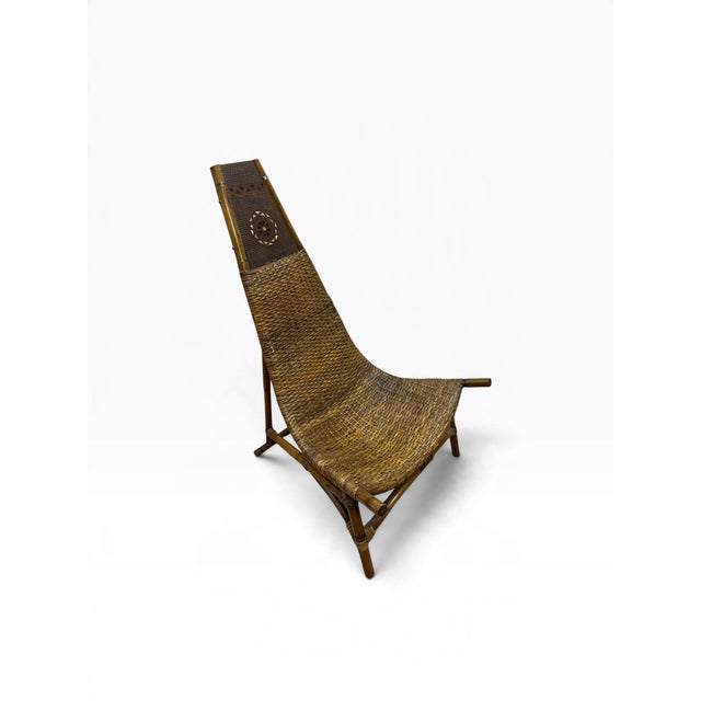 Mid-Century British Colonial Style Rattan High-Back Throne Lounge Chair and Ottoman – Set of 2 For Sale In West Palm - Image 6 of 11