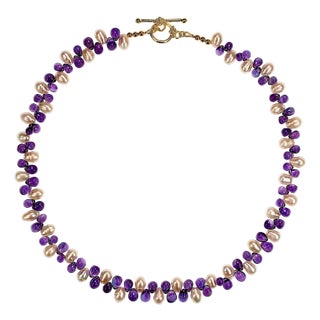 Ajd 18 Inch Tear Drop White Pearls and Tear Drop Amethyst Necklace For Sale