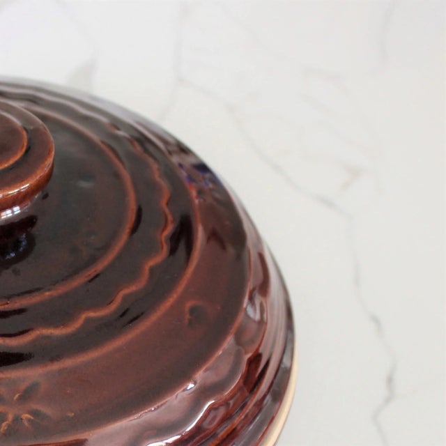 Antique Glazed Stoneware Casserole Dark Brown/Stamped For Sale - Image 4 of 6