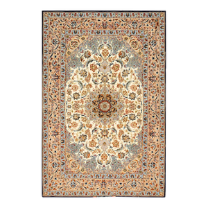 1940s Ivory Medallion Antique Persian Isfahan Rug 3' 7'' X5' 4'' Knotted Pile Wool Carpet