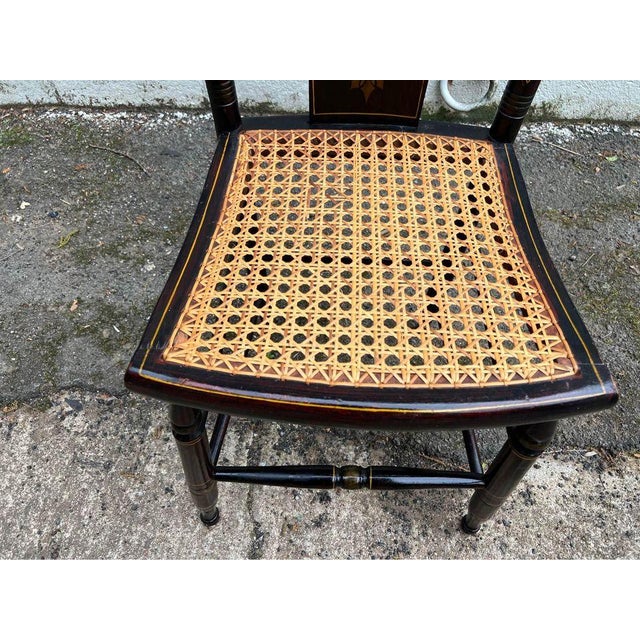 English 19th Century Set of 5 Antique Painted & Stenciled Caned Seat Dining Chairs For Sale - Image 3 of 12