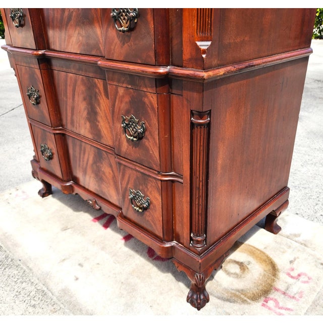 Antique Georgian Flame Mahogany Block Front Highboy Dresser For Sale - Image 9 of 18