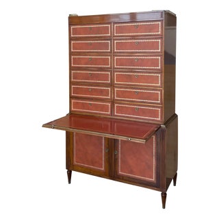 Vintage Chippendale Style Orange Tooled Leather Commode Chest of Drawers with Secretary, 1920s For Sale