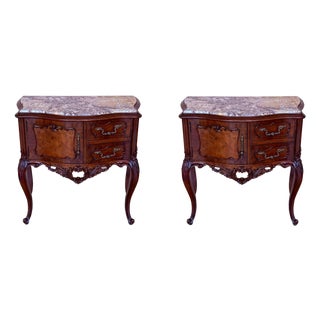 Carved French Nightstands with doors and Marble Top, 1930s, Set of 2 For Sale