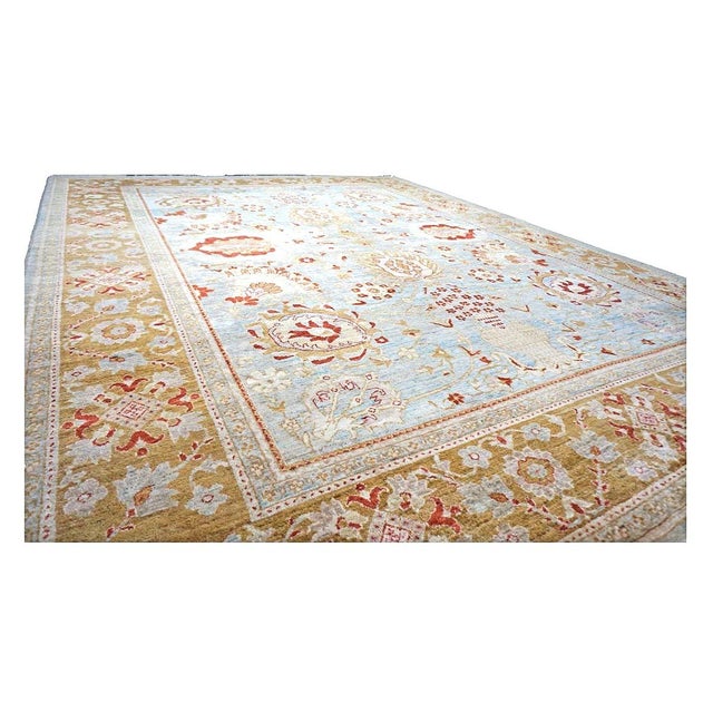 Islamic 21st Century Afghan Oushak Wool 9x12 Blue & Gold Handmade Area Rug #1144045 For Sale - Image 3 of 6