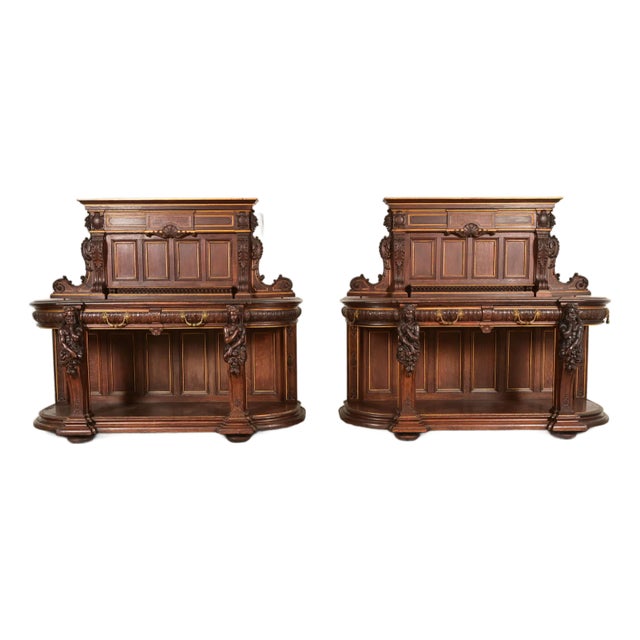 R. J. Horner Renaissance Revival Ornate Carved Oak Sideboards or Bar Cabinets, Circa 1880s For Sale