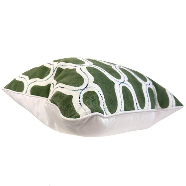 2020s Pair Green With Blue Stitching Abstract Pillows For Sale - Image 5 of 5