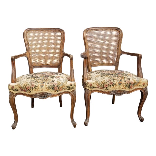 Vintage Mid Century French Provincial Country White Floral Cane Back Accent Chairs - a Pair For Sale