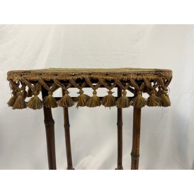 Wood Antique French Napoleon III Bamboo Tabouret, Tasseled Top, PLM Rail Label For Sale - Image 7 of 15