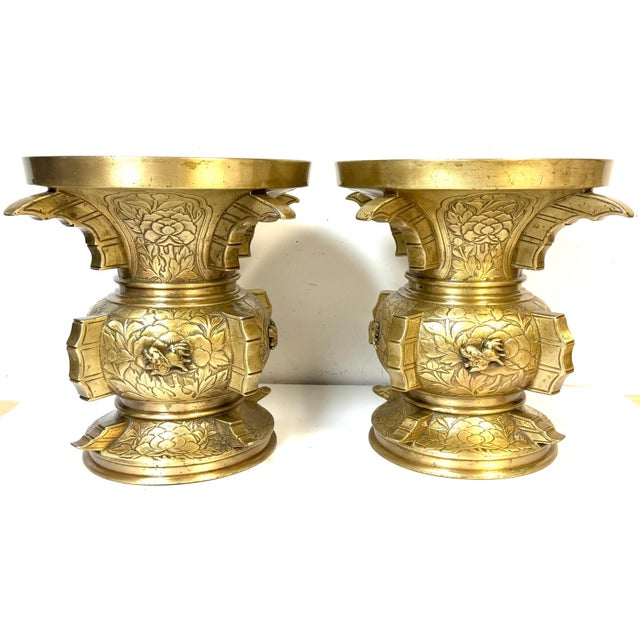 Pair of Monumental Meiji Period Gilt Metal Censors/Vases An impressive and unusually large pair of Japanese Meiji period...