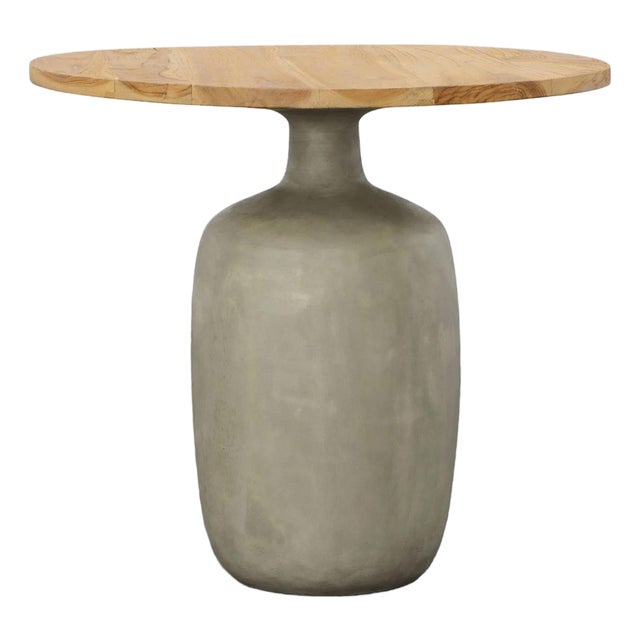 Round Outdoor Concrete & Teak Modern Side Table Large For Sale