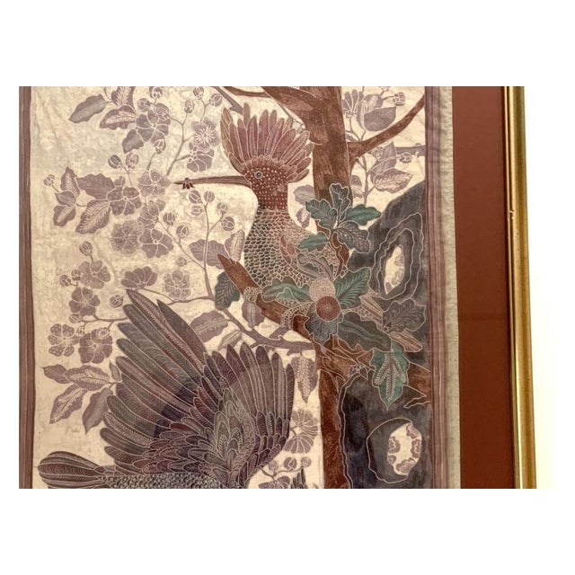 1980s Signed Custom Framed Asian Weaving With Flycatcher Bird Theme For Sale - Image 4 of 10