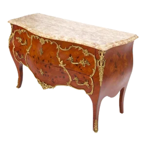 French Inlay Brass Ormolu Bombay Dresser Console Cabinet Chest Marble Top