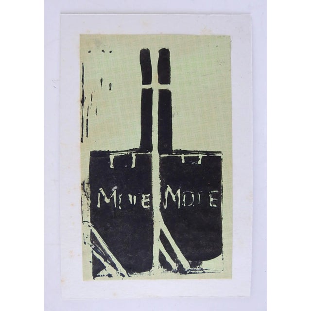 Vintage mid century lino block print of a package of More cigarettes. Black on light green paper. Unsigned. Unframed,...
