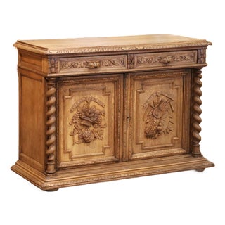19th Century French Henri II Bleached Oak Buffet With Carved Harvest Motifs For Sale