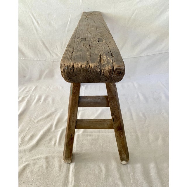 Brown Rustic Elm Wood Skinny Bench For Sale - Image 8 of 9