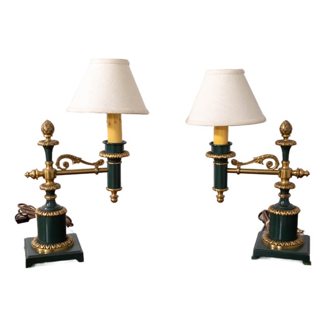 Pair French Bouillotte Small Table Lamps W. Shade For Sale