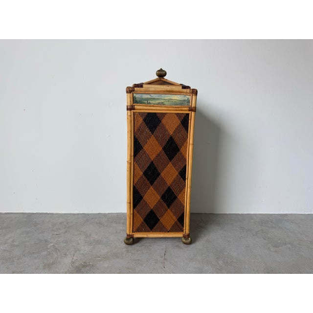Mid-Century Modern Vintage MacKenzie-Childs Decorated Bamboo & Rattan Laundry Hamper For Sale - Image 3 of 12