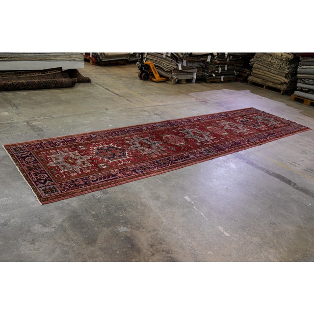 Persian 1960s Vintage Persian Heriz Handmade Red Medallion Wool Runner For Sale - Image 3 of 16