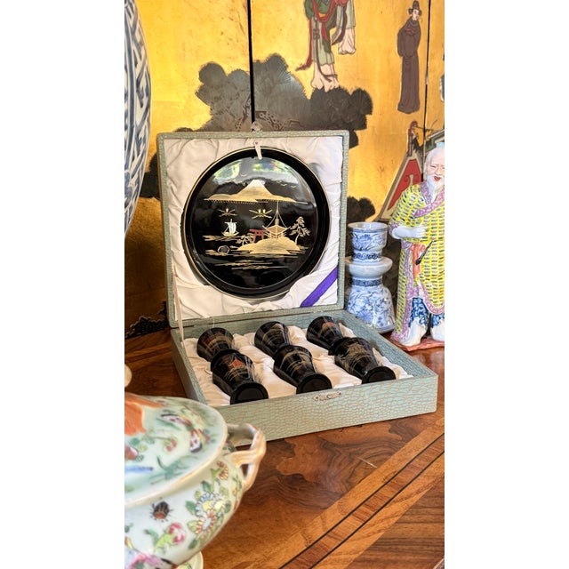 Mid 20th Century Vintage Japanese Mount Fuji Black Lacquerware Sake Set With Six Stemmed Cups, Tray and Original Box - 8 pcs For Sale - Image 5 of 15