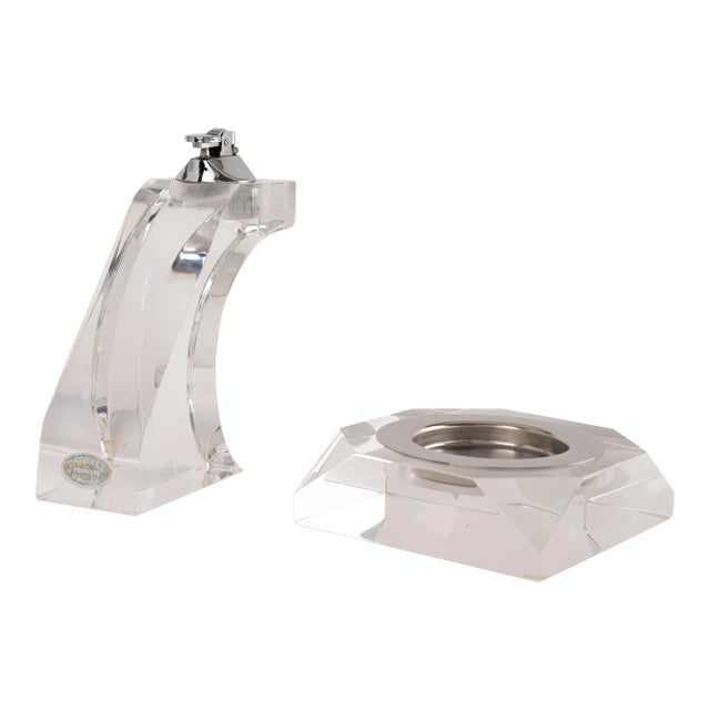 Vintage Astrolite Lucite Geometric Table Lighter and Ashtray Set For Sale