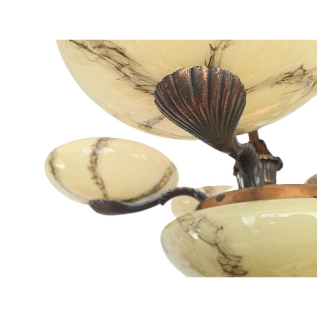 1930s 5-Arm Art Deco Chandelier Marbled Glass Shades Brass Accents, Antique European Lamp For Sale - Image 11 of 16