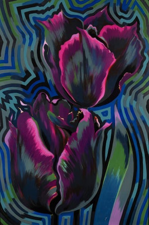 Lowell Nesbitt, Flowers 1978, Op Art Floral Oil Tempera on Board Roses Pop Art Large Painting, 1978