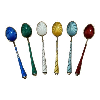 1940s Six Signed Elo Denmark Sterling Silver Gilt Guilloche Enamel Demi-Tasse Spoons For Sale