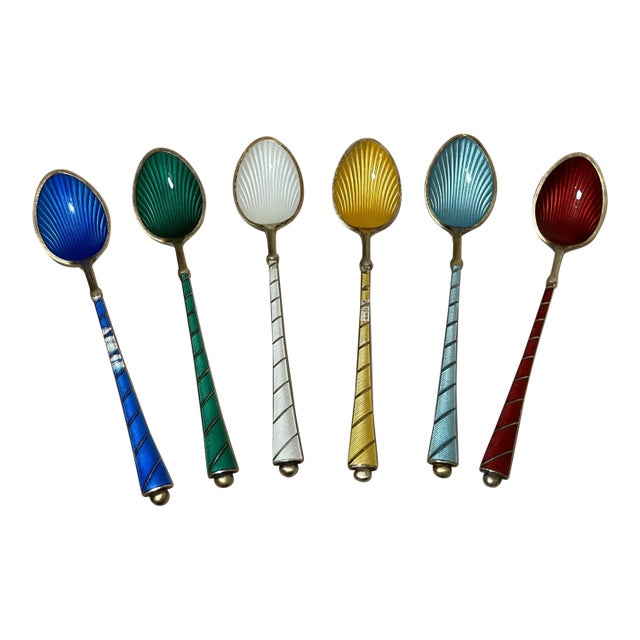 1940s Six Signed Elo Denmark Sterling Silver Gilt Guilloche Enamel Demi-Tasse Spoons For Sale