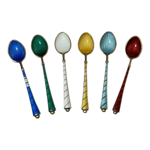 1940s Six Signed Elo Denmark Sterling Silver Gilt Guilloche Enamel Demi-Tasse Spoons