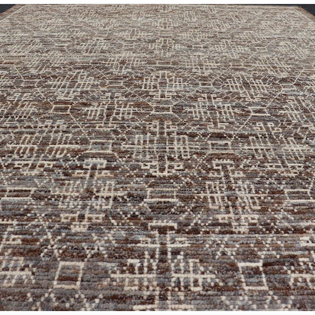 Modern Rug in Wool With All-Over Geometric Tribal Design in Brown and Ivory For Sale - Image 4 of 11