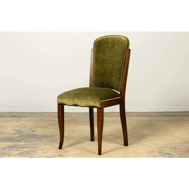 Set of Six 1930s French Art Deco Maple Dining Chairs in Olive Green Velvet For Sale - Image 12 of 18