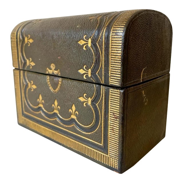 Antique Green Leather Domed Top Decanter Box For Sale