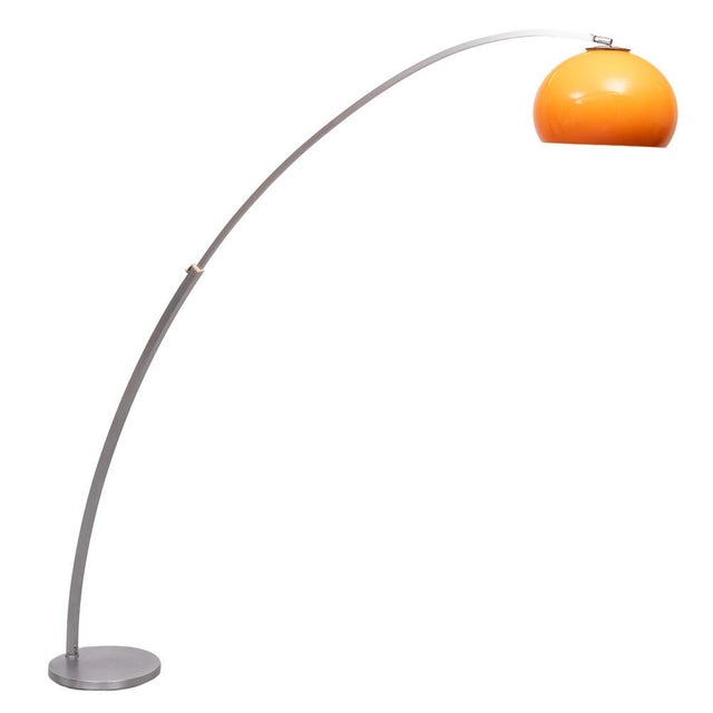 Beautiful large Arc Lamp, Adjustable Aluminum arc. comes with a adjustable Orange shade. good condition. 1970s. Italy....