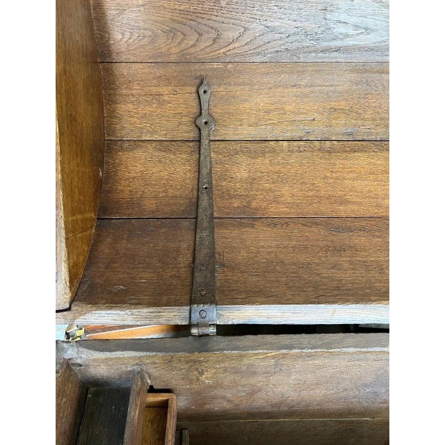 1858 Oak Domed Dowry Trunk With Forged Iron Hinges & Ring Handles and Dovetailed Joints For Sale - Image 11 of 13