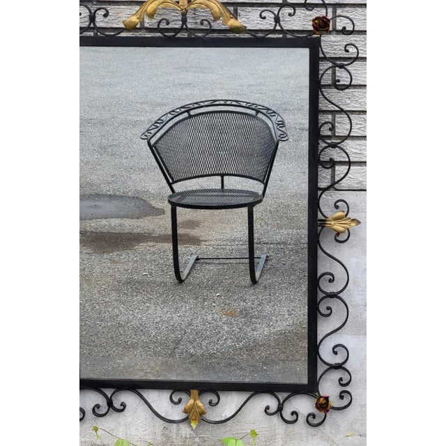 Black Vintage 1930s American Handmade Wrought Iron Wall Mirror Hand Painted Floral Dec For Sale - Image 8 of 18