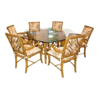Vintage McGuire Style Hexagonal Glass Top Dining Set—Set of Seven For Sale