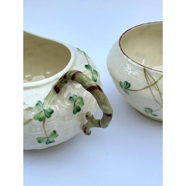 Belleek Pottery Ltd. 1980s Belleek Shamrock Creamer and Sugar, Basketweave W/ Shamrocks, Fine Irish Porcelain, Green Mark For Sale - Image 4 of 6