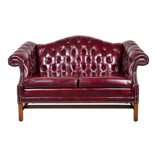 Vintage Camel Back Chesterfield Red Leather Settee by Kimball For Sale