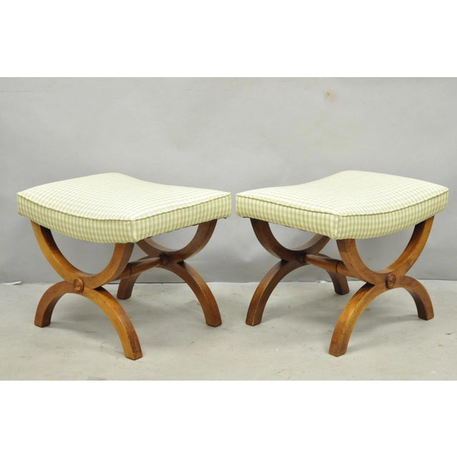 Neoclassical Vintage Italian Neoclassical Style Walnut Wood Curule X-Form Stool - A Pair For Sale - Image 3 of 13