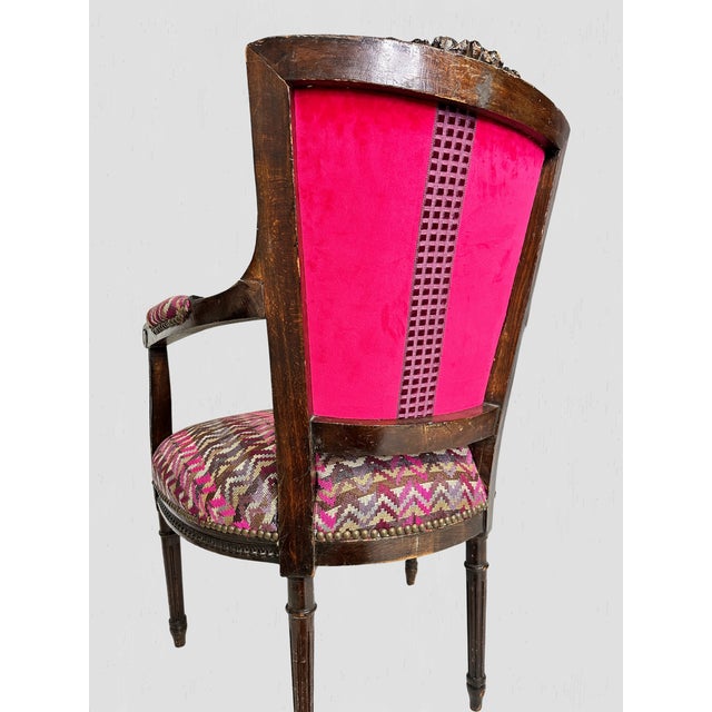 French Mahogany Square Back Chair Pair Pink Velvet Magenta Purple Petit Point For Sale - Image 9 of 17