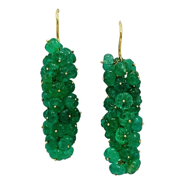Carved Emerald Dangle Earrings in 18k Yellow Gold, A Pair For Sale