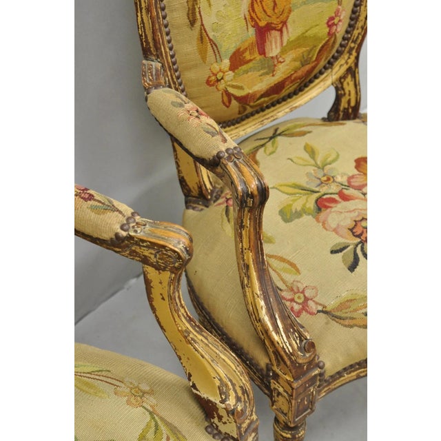 Brown Antique French Louis XVI Style Aubusson Tapestry Fauteuil Arm Chairs - A Pair For Sale - Image 8 of 18