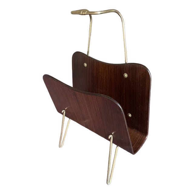Vintage Magazine Rack in Beech & Brass For Sale