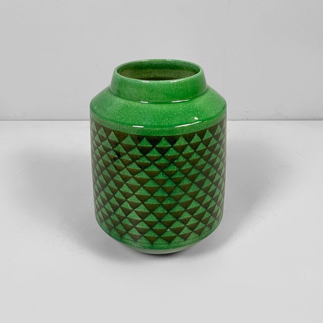 Mid-Century Modern Italian Green Ceramic Vase with Triangular Pattern, 1960s For Sale - Image 12 of 12
