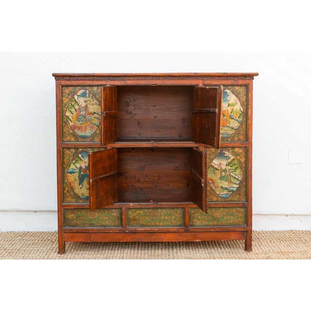 Wood Early 19th Century Tibetan Green & Orange Painted Cabinet For Sale - Image 7 of 12